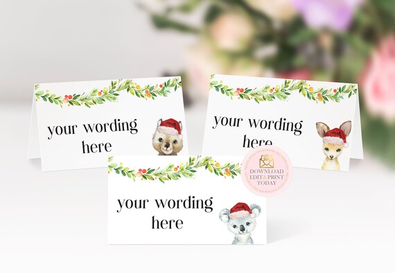 Australian Christmas Place Cards, Editable Name Cards For Xmas Table, Printable Wombat Koala Kangaroo and Platypus Food Tents, Buffet Label Il_570xn