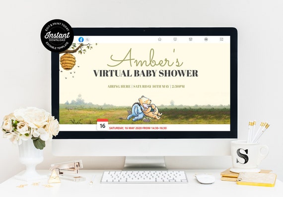 EDITABLE Facebook Event Cover Photo For A WINNIE the Pooh Baby Shower or Birthday, Classic Pooh Instant Digital Download Facebook Header Il_570xn