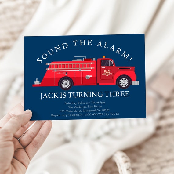 Fire Truck Birthday Invitation Editable Template, Red Vintage Fire Engine Fireman Printable Invite, Instant Download Firefighter Theme Il_570xn
