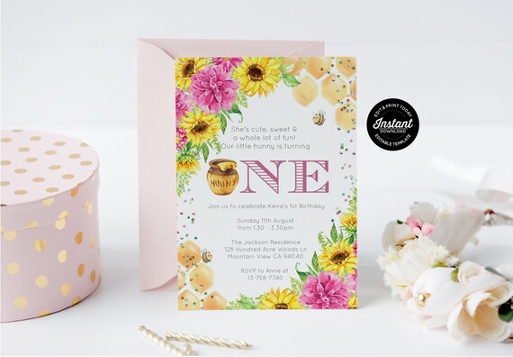 Bee Birthday Invitation For Girls First Birthday, Little Hunny 1st Birthday Editable Template, Sunflower and Bumble Bees Invite Il_570xn