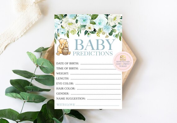 Blue Winnie Pooh Baby Shower Baby Prediction Card, Classic Pooh Baby Shower, Printable Baby Shower Activity, Pooh Baby Shower, Baby Shower Il_570xn