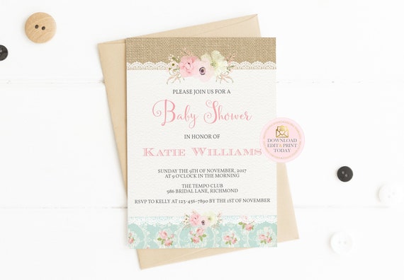 Shabby Chic Baby Shower Invitation, Printable Invitation, Girl Baby Shower, Floral Baby Shower, Vintage Baby Shower, Shower Invitation, Pink Il_570xn