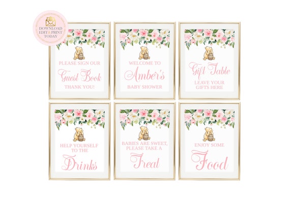 Pink Vintage Winnie Pooh Baby Shower Welcome Sign Printable Package, Classic Pooh Bear Guest Book, Babies Are Sweet Take A Treat, Gift Table Il_570xn