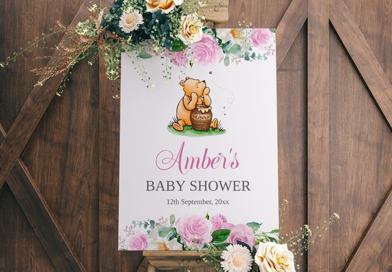 Winnie The Pooh Baby Shower Sign, 4 Sizes Included 24" x 36", 20" x 30", 18" x 24" & 16" x 20", Pink Baby Girl Floral Watercolor Baby Shower Il_570xn