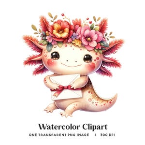 Axolotl Clipart: Watercolor Valentine, Love Letter (PNG) image 1