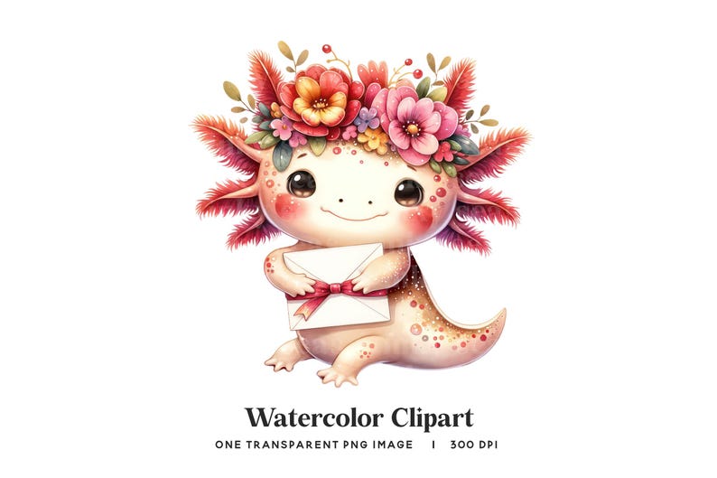 Axolotl Clipart: Watercolor Valentine, Love Letter (PNG) image 1