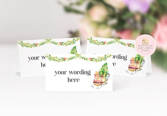 EDITABLE Christmas Tent Cards, Xmas Place or Name Cards, Christmas Buffet Cards, Instant Download, Sleigh & Presents, Christmas Table Decor Il_570xn