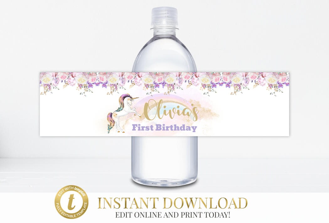 unicorn party water bottle labels unicorn birthday unicorn etsy