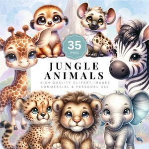 Dschungel Safari Tier Clipart Aquarell Baby Shower Illustrationen Tiger Löwe Giraffe Affe PNG Entzückende Safari Wildtiere Grafiken