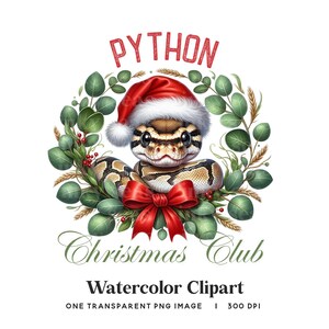 Python Christmas Club PNG, Snake Sublimation PNG, Cute Watercolor Exotic Pet Christmas Shirt Design, Santa Hat Holiday Animal Clipart