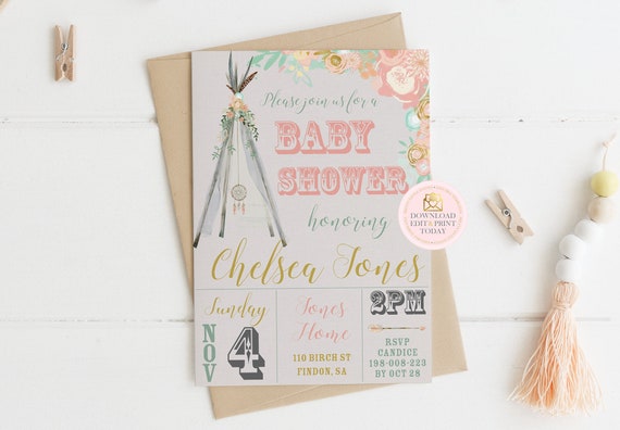 boho baby shower invitations girl