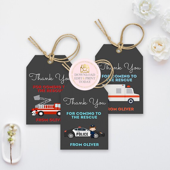 First Responders Police, Ambulance & Fire Truck Favor Tags, Printable Favor Tags, Police Birthday, Fireman Party, Fire Engine Gift Tags Il_570xn