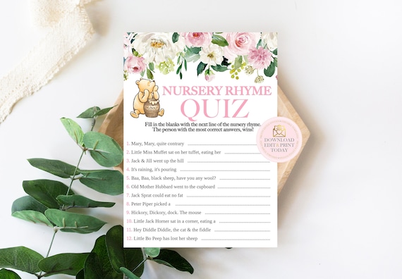 Pink Floral Winnie Pooh Nursery Rhyme Game, Classic Pooh Bear Baby Shower Fun Activity, Gender Neutral Fill in the Blanks Quiz Party Games Il_570xn