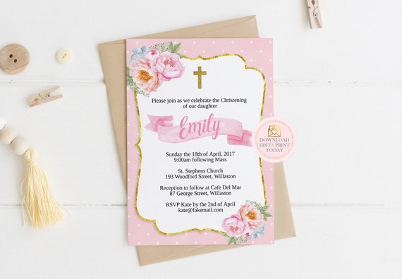 Baptism Invitation, Instant Download, Girl Baptism Invitation, Christening Invite, Baptism Invite, Editable Invitation, Printable Invitation Il_570xn