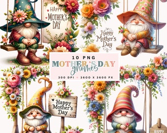 Mother's Day Gnome Clipart, Floral Garden Gnomes Digital Download, Springtime Festive Art, Printable PNG Files for Crafting Projects