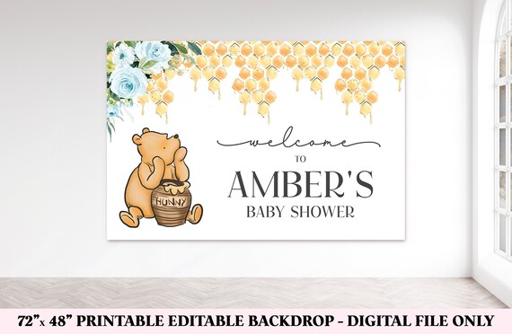 Winnie The Pooh Editable Backdrop, Printable Classic Pooh Bear Birthday Banner, Winnie Banner, Winnie Pooh Baby Shower Template, Blue Il_570xn