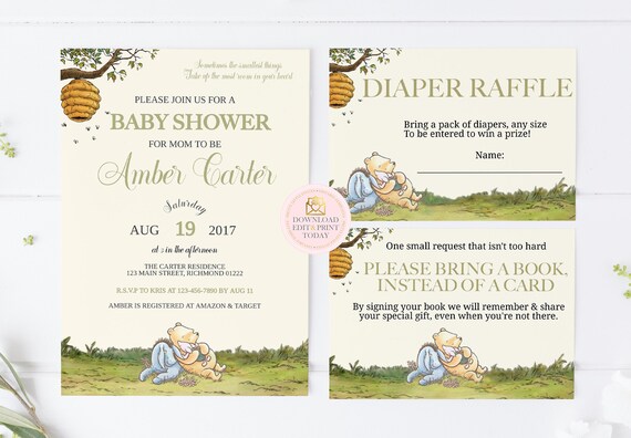 Winnie the Pooh Baby Shower Bundle, Pooh Baby Shower, Classic Pooh, Winnie Pooh Invite, Diaper Raffle, Bring a Book, INSTANT DOWNLOAD Il_570xn