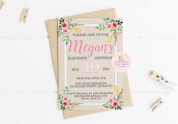 Teen Girl or Tween Birthday Party Invitation Template, Girl Birthday Printable Invitation, Editable Invitation Template, Summer Birthday Il_570xn