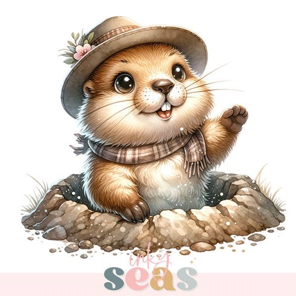 Charming Groundhog Clipart Watercolor Scarfed Critter PNG Rustic Hat-Wearing Animal Art for Print & Digital Seasonal Decor Design