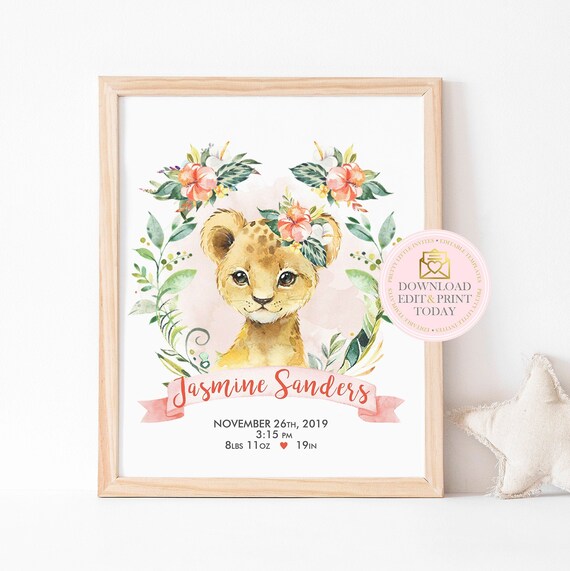Baby Birth Stats Nursery Print, Lion Nursery Decor, Birth Stat Gift For A New Mom, Baby Details Print, New Baby Stats, Girl Safari Nursery Il_570xn