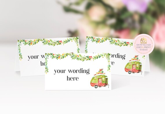 EDITABLE Christmas Tent Cards, Xmas Place or Name Cards, Christmas Buffet Cards, Instant Download, Vintage Caravan, Christmas Table Decor Il_570xn