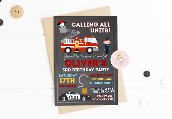 Emergency Vehicles Birthday Invitation, Police Birthday Invitation, Fire Truck Birthday Invitation, Printable Invitation, Fire Engine Police Il_570xn