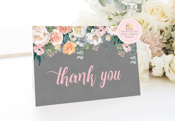 Peach & Grey Floral Printable Thank You Card, Wedding Thank You, Instant Download Peach Thank You Note Template, Baby Shower Thank You Il_570xn