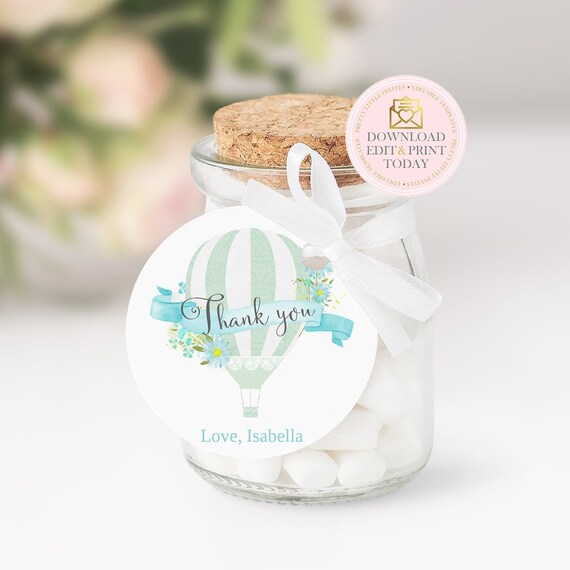 Mint Hot Air Balloon Favor Tags, Baby Shower Thank You Tags, Up Up and Away, Printable Favor Tag, Balloon Baby Shower, Thank You Tag Il_570xn
