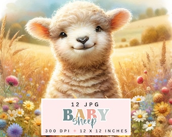 Adorable Baby Sheep Digital Backgrounds, Farm Animal Clipart, Scrapbooking JPG, Junk Journal Supplies, Paper Crafting Illustrations, 12x12