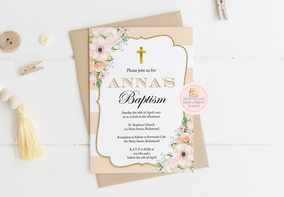 Peach Floral Baptism Invitation, Christening Invitation, Christening Invite, Girl Baptism Invitation, First Communion, INSTANT DOWNLOAD Il_570xn