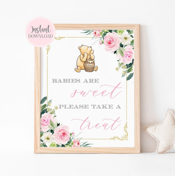 Winnie The Pooh Babies Are Sweet Please Take A Treat Printable Sign, Classic Pooh Bear Dessert Table Sign Pink Girl Pooh Favor Sign Il_570xn