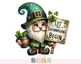 Let The Shenanigans Begin St Patrick's Day Gnome Clipart, Cute Cartoon Character, Digital Download, Irish Festive Graphics PNG