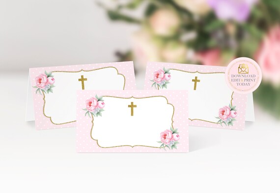 Christening Tent Cards, Baptism Name Cards, First Communion, Food Labels, Place Cards, Buffet Cards, INSTANT DOWNLOAD, Pink & Gold Floral Il_570xn