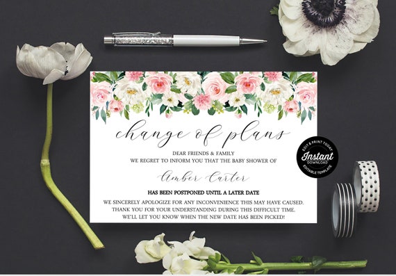 Change Of Plans Editable Template, Instant Download Postponed Wedding Announcement, Unsave The Date Event Cancellation Card Pink Floral Il_570xn