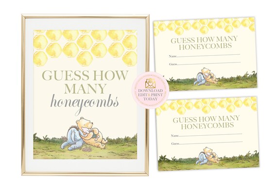 Yellow Classic Winnie The Pooh Baby Shower Printable Honeycomb Guessing Game, Classic Pooh Bear StoryBook Baby Shower Game, Guess How Many Il_570xn