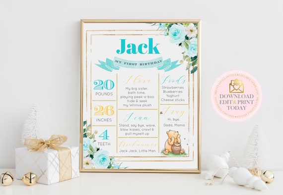 Winnie Pooh First Birthday Milestone Poster, Boys 1st Birthday Sign, Blue Yellow Floral Memory Board Editable Template, Instant Download Il_570xn