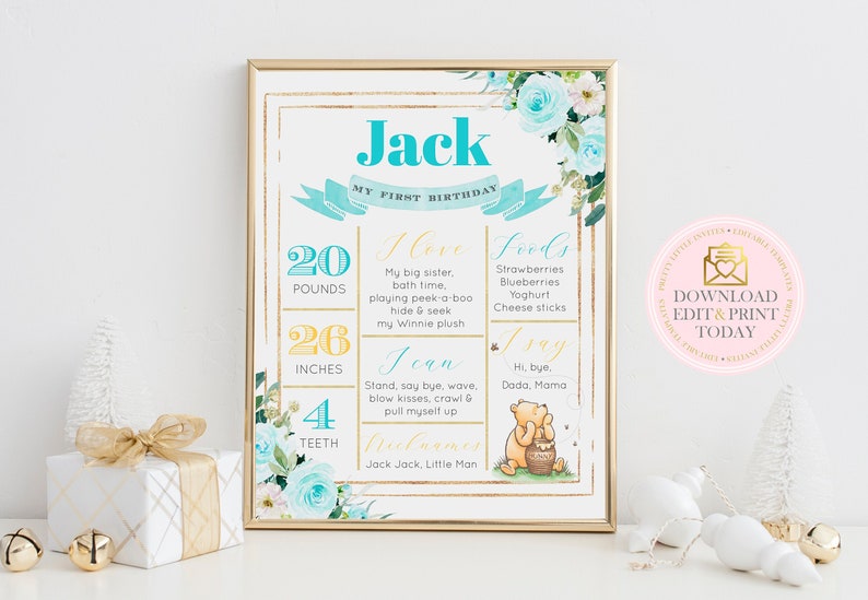 Boys 1st Birthday Sign Instant Download Winnie Pooh First Birthday Milestone Poster Blue Yellow Floral Memory Board Editable Template