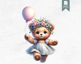 Adorable Floral Crown Bear Clipart, Cute Teddy with Balloon PNG, Digital Download, Nursery Decor Art, Baby Shower Graphics, Transparent