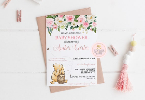 Pink Winnie the Pooh Baby Shower Classic Pooh Baby Shower Pooh Invitation Baby Shower Invite Pooh Bear Pooh Classic Shower Invite Printable Il_570xn