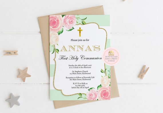 First Communion Invitation, Baptism Invitation, Holy Communion Invitation, Mint, Printable, Christening Invite, First Holy Communion Baptism Il_570xn