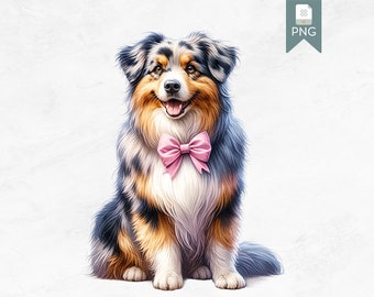 Australian Shepherd Dog Clipart, Cute Illustrated PNG, Digital Download, Pet Portrait with Pink Bow, Animal Graphics for Crafting