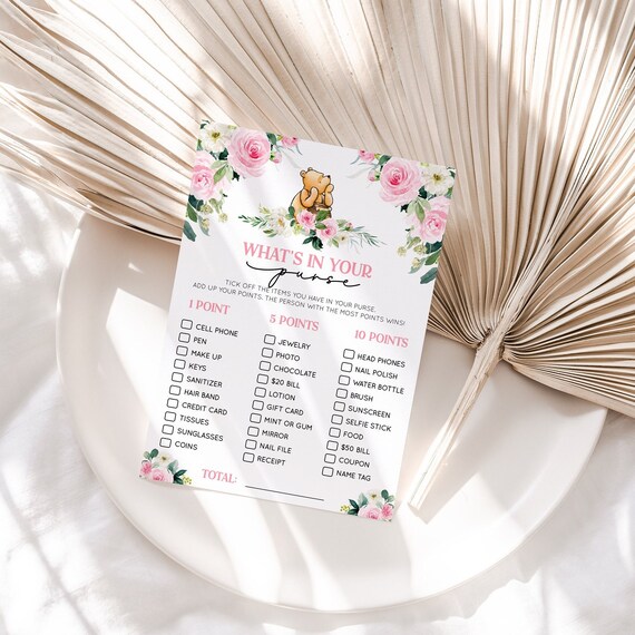 Pink Floral Vintage Winnie The Pooh Whats In Your Purse Game, Printable Baby Shower Game For A Girl Baby Shower, Editable Game Template Il_570xn