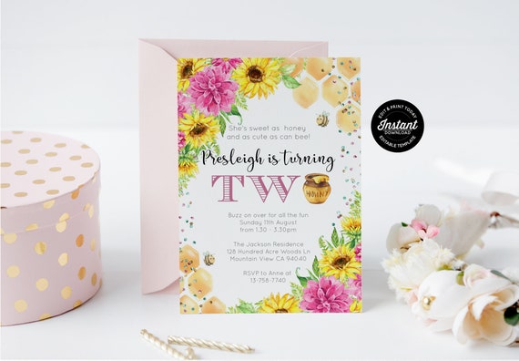 Girls Bee Second Birthday Invitation, Sweet As Can Bee Little Hunny 2nd Birthday Editable Template, Bumble Bees & Honeycomb Invite Il_570xn