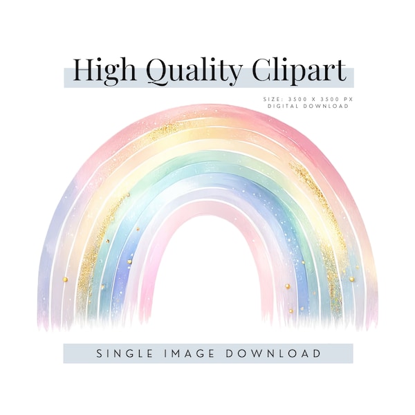 Pastel Rainbow Watercolor Clipart, Sparkling Gold Dust Kids Room Wall Art, Digital Download Nursery Decor, Printable Whimsical Rainbow