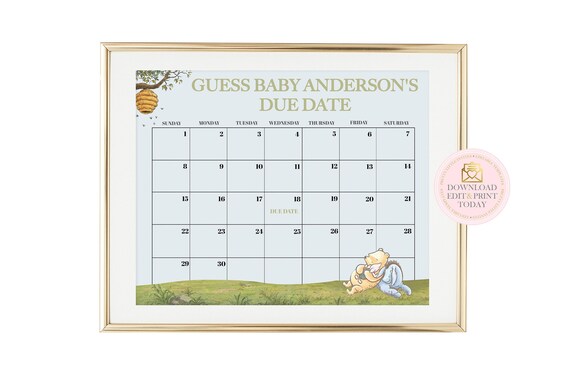 Blue Winnie The Pooh Printable Pregnancy Calendar, Vintage Winnie Guess The Due Date Classic Pooh Baby Shower Printable Game Custom Due Date Il_570xn
