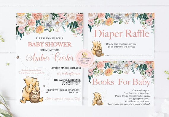 Girl Winnie the Pooh Baby Shower Kit Classic Pooh Baby Shower Pooh Invitation Baby Shower Invite Pooh Bear Pooh Classic Shower Invitation Il_570xn