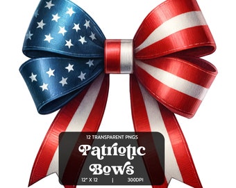 12 Patriotic Bow Clipart PNGs, Watercolor American Flag Bows, Digital Download, 4th of July Graphics, Transparent Background, 300 DPI
