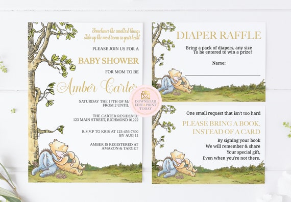 Winnie the Pooh Baby Shower Package, Classic Pooh, Pooh Baby Shower, Winnie the Pooh Invitation, Bring a Book, Diaper Raffle, 3 Piece Suite Il_570xn