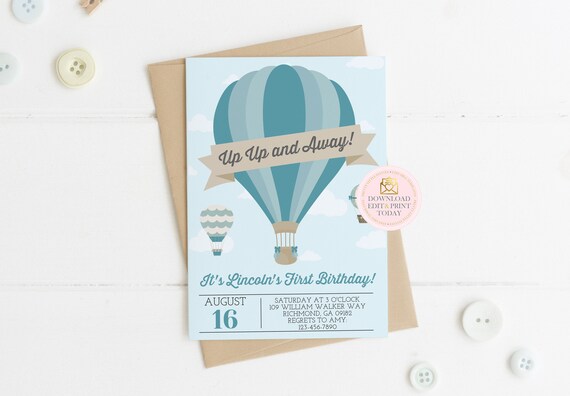 Vintage Hot Air Balloon Invitation, Balloon Invitation, Printable Invitation, Up Up and Away Invitation, Baby Shower, Birthday, Editable. Il_570xn