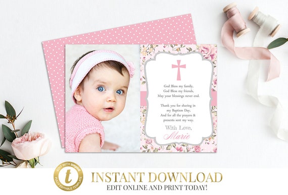 printable thank you card template instant download baptism etsy